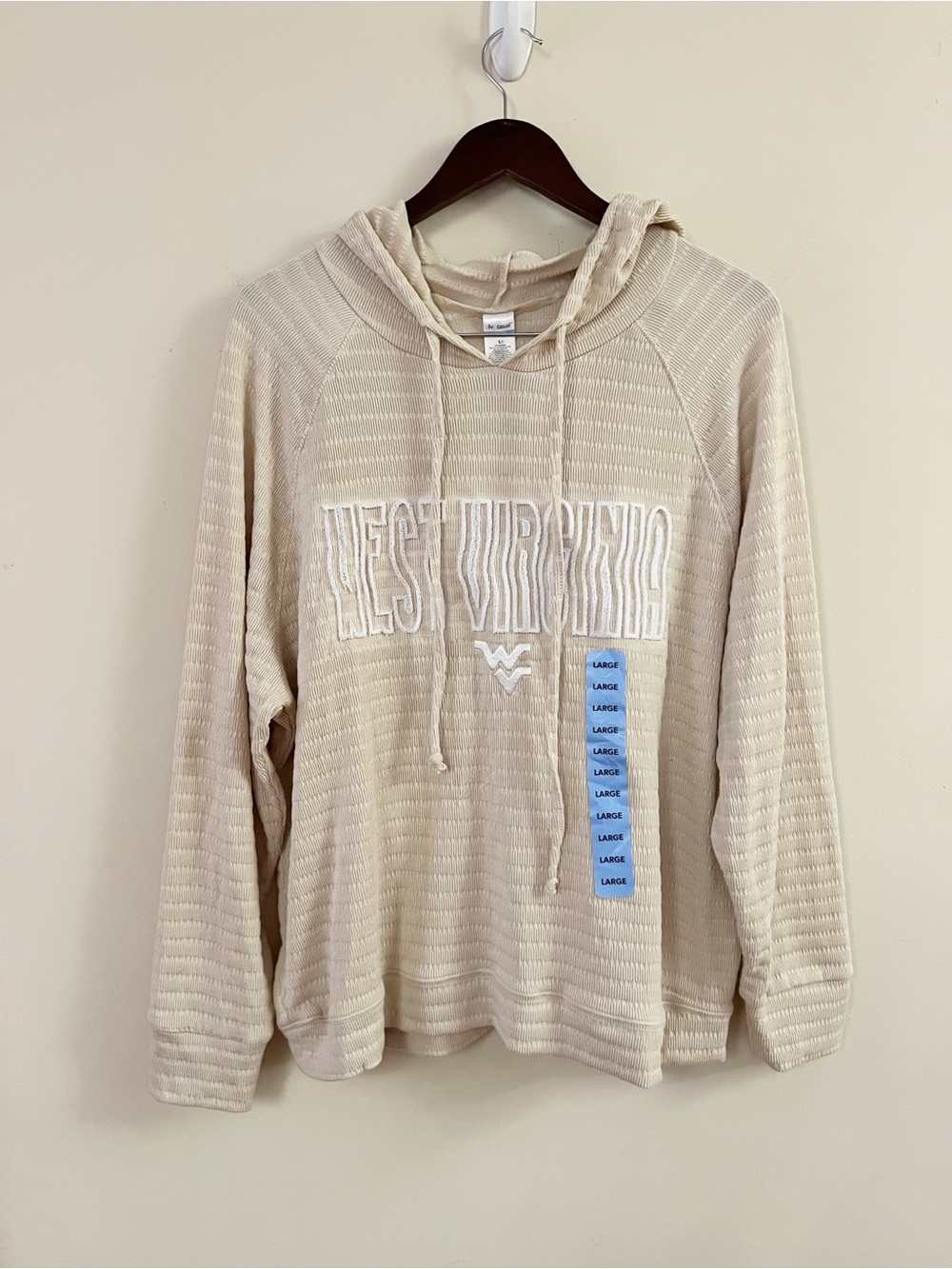 Liv Casual West Virginia Embroidered Hoodie Lightweight Cream Size Large NEW